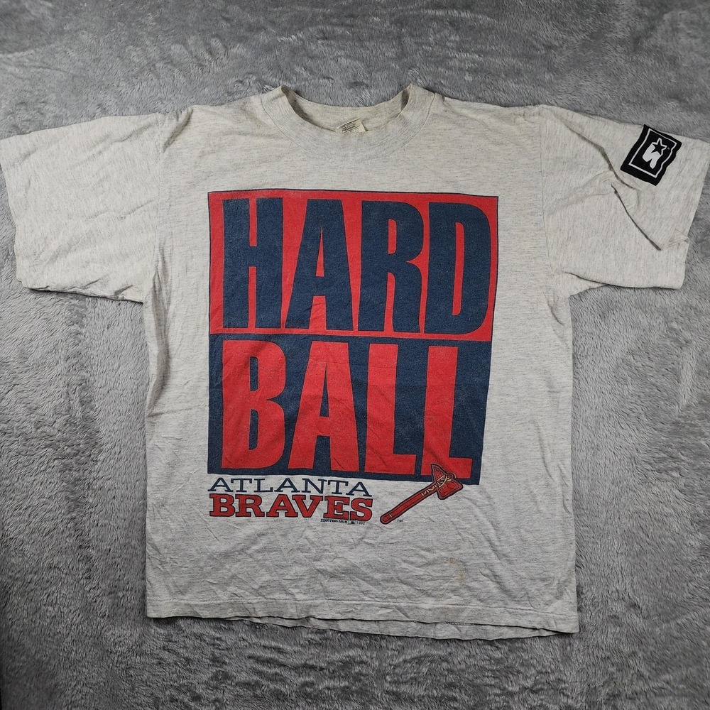 VINTAGE Atlanta Braves Starter Shirt Mens Medium Gray MLB Baseball Hard Ball 90s